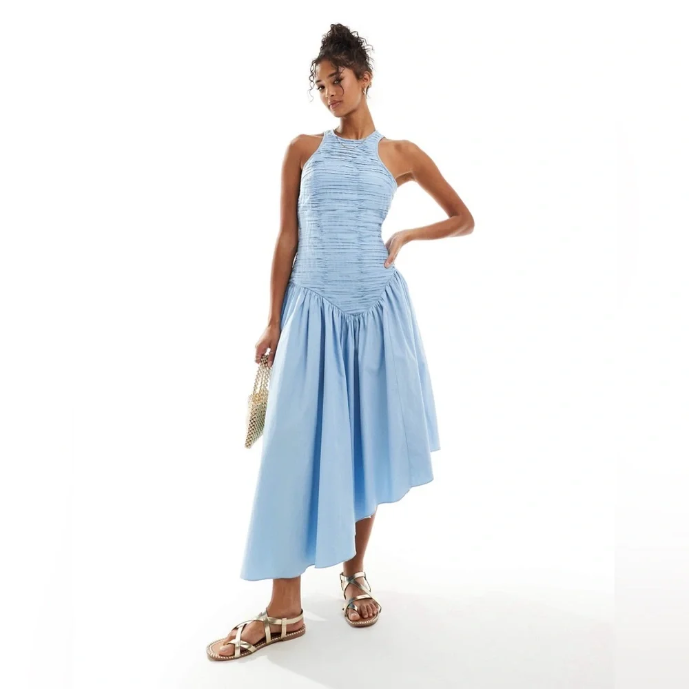 **SOLD** ASOS DESIGN ruched micro pleat bodice midi dress with open back in blue - Picture 2 of 8